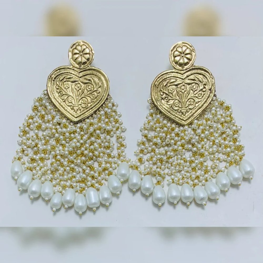 Golden Heart Pearl Earrings for Women, Handmade Traditional Big Earrings,